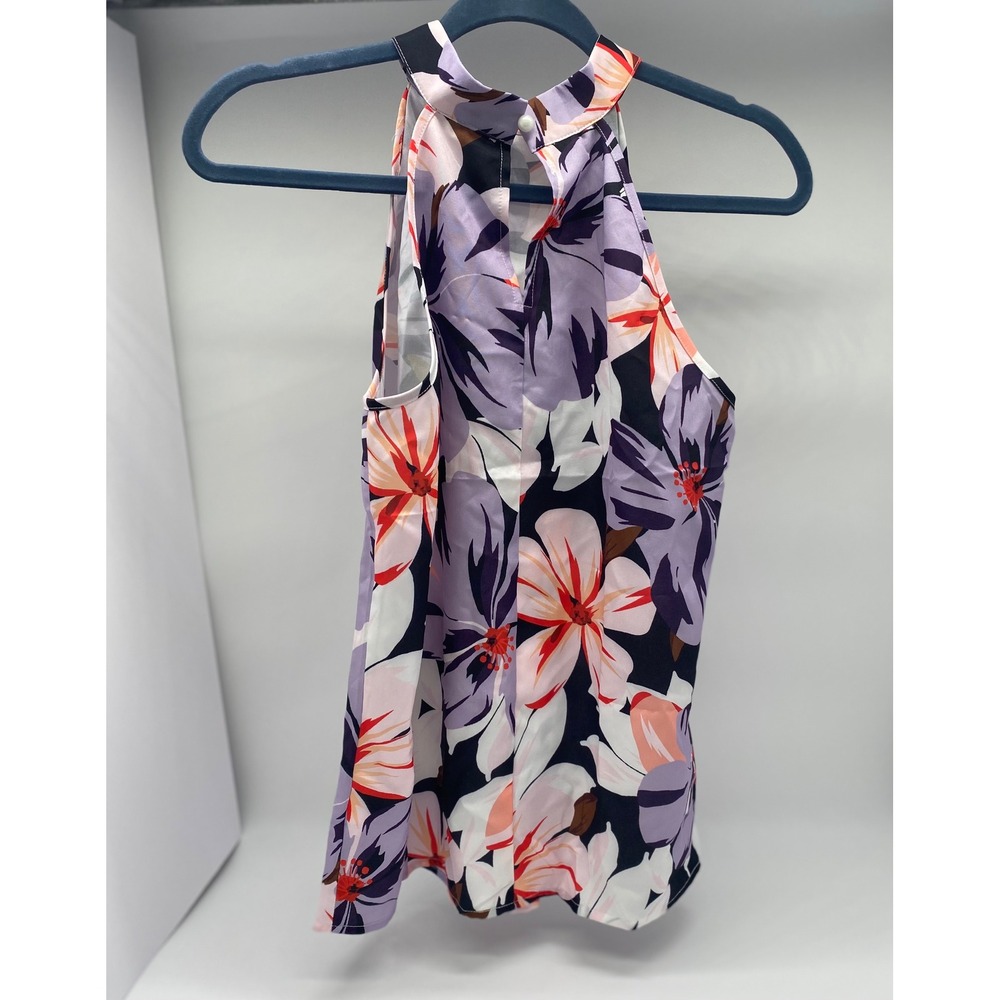 Purple Floral High Neck Halter Top Sleeveless Tropical Blouse Small - Picture 9 of 12